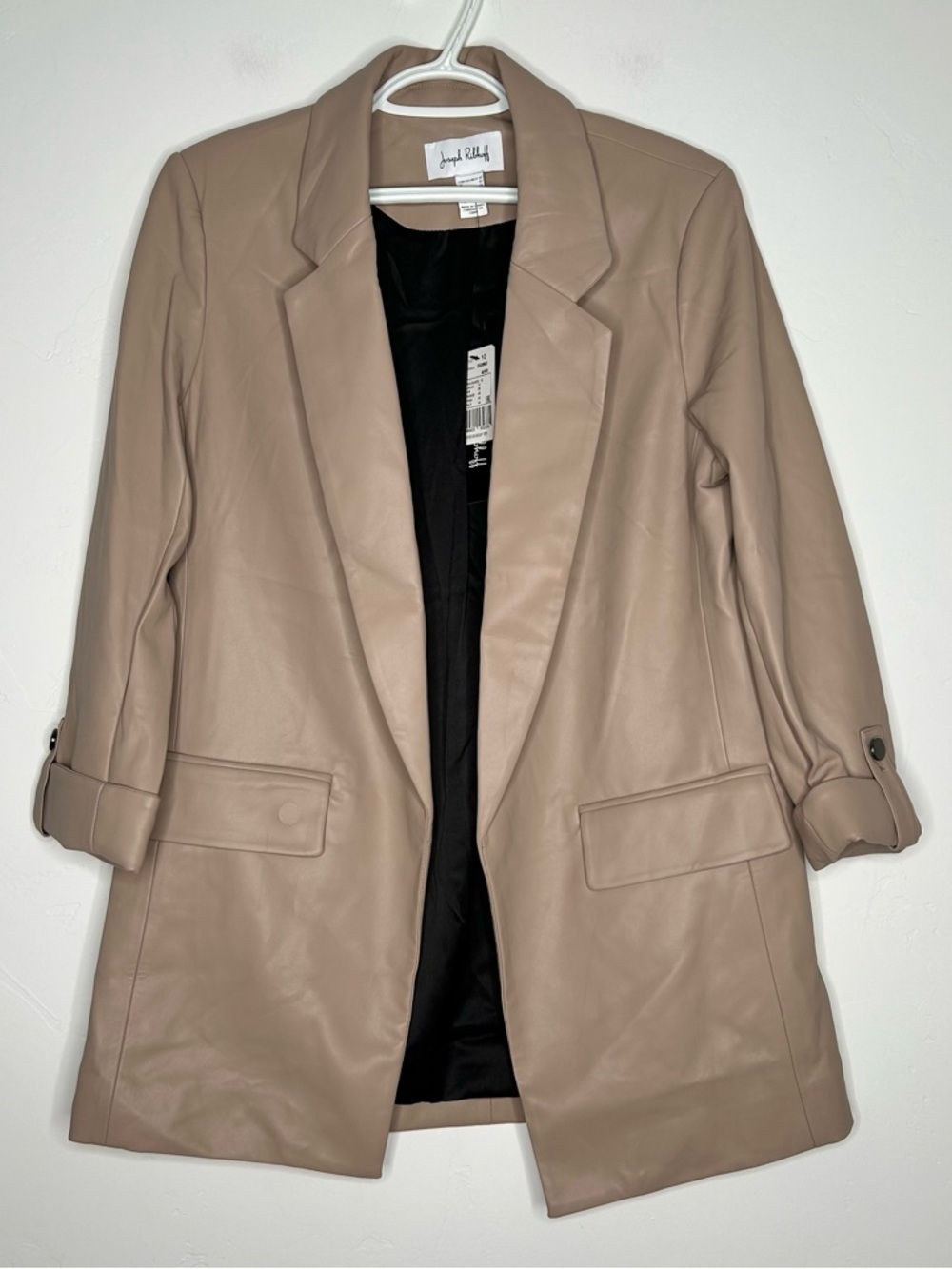 NWT Joseph Ribkoff Tan Faux Leather‎ Blazer Open Front 3/4 Sleeves SZ 10 Neutral
